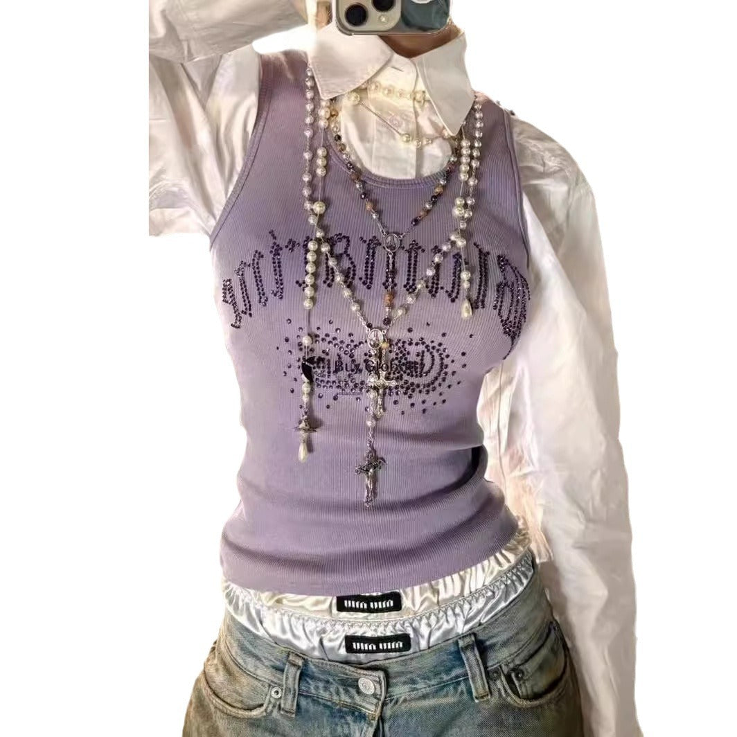 High VersionBlumarin*24ssShiny Letter Rhinestone Sleeveless Skinny Slimming Vest Easy Matching Sling Top