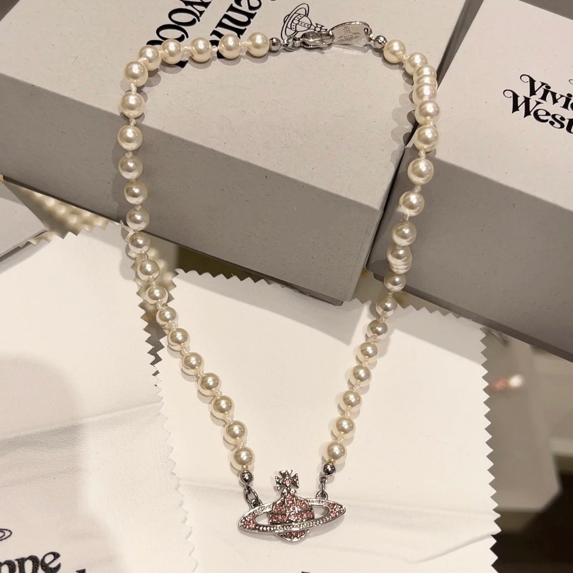 Vivienne Westwood Classic Pink diamond orb Pearl Necklace