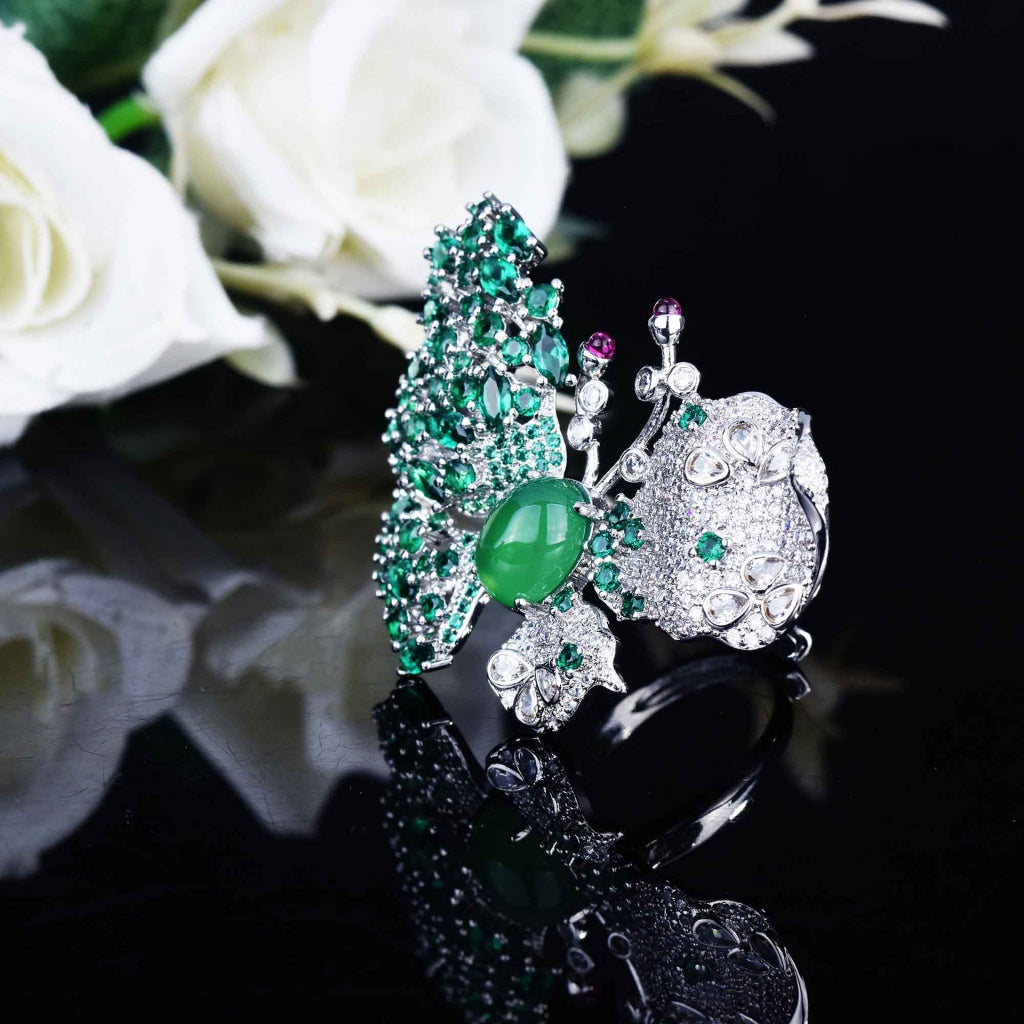 Kenzero Natural Chalcedony Suit Super Fairy Heavy Industry Design Butterfly Necklace Open Ring Green Chalcedony Stud Earrings