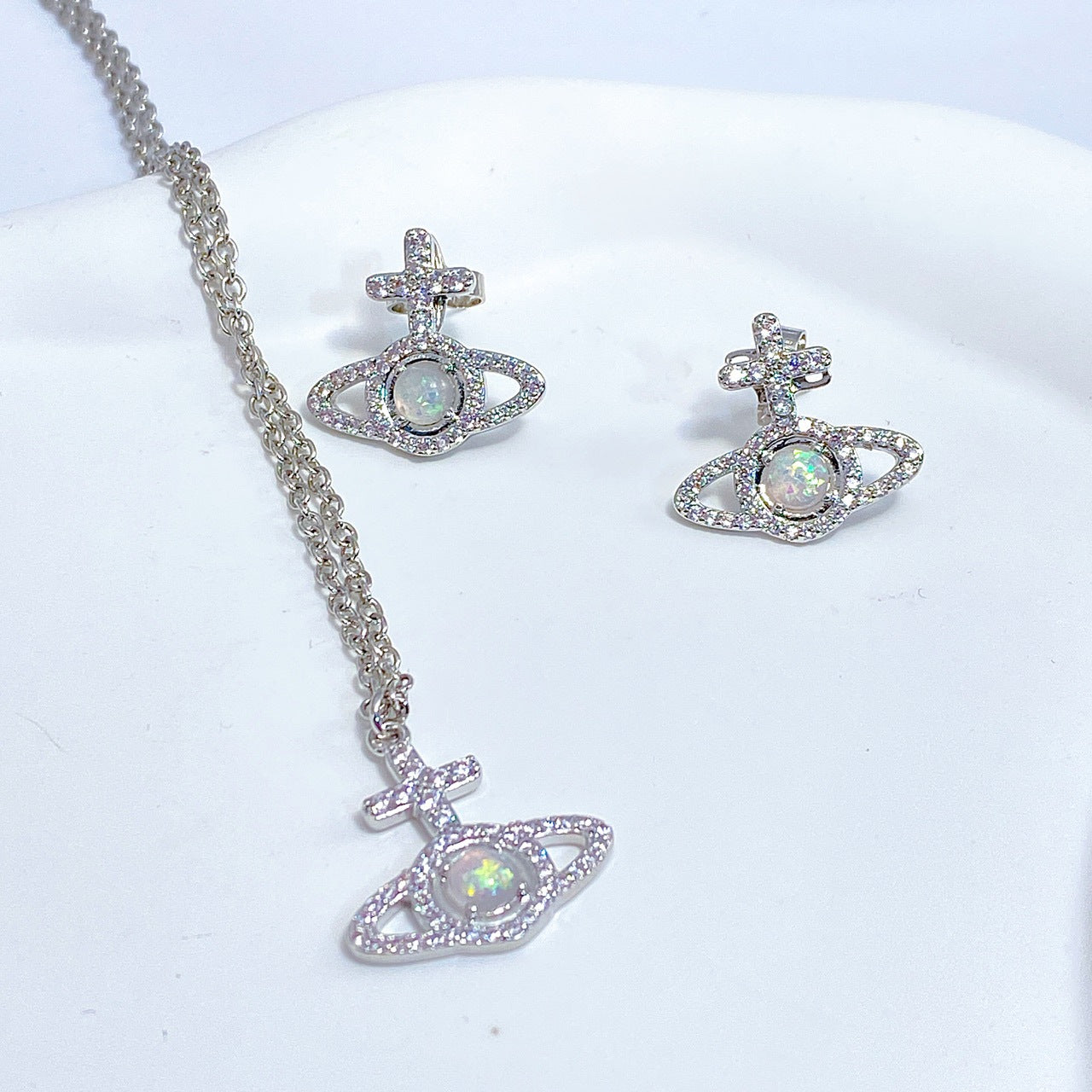Vivienne Westwood orb Full Diamond Opal Stone Ear Studs Necklace