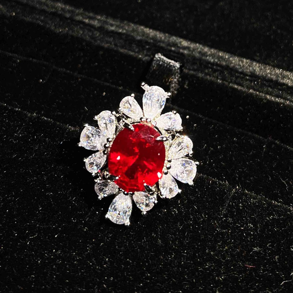 Kenzero Same Style Colored Gems Suit Fine Jewelry Customized Full Diamond Red Corundum Rings Ear Studs Pendant Necklace
