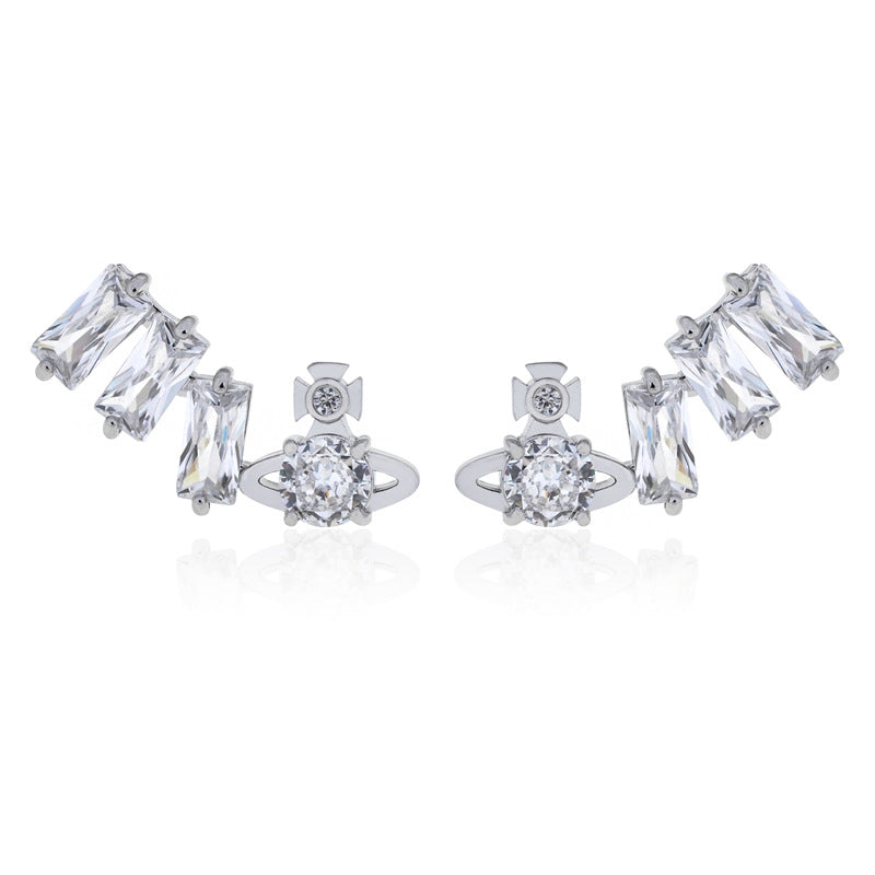 Vivienne Westwood square diamond Zircon stud earrings ins luxury High sense