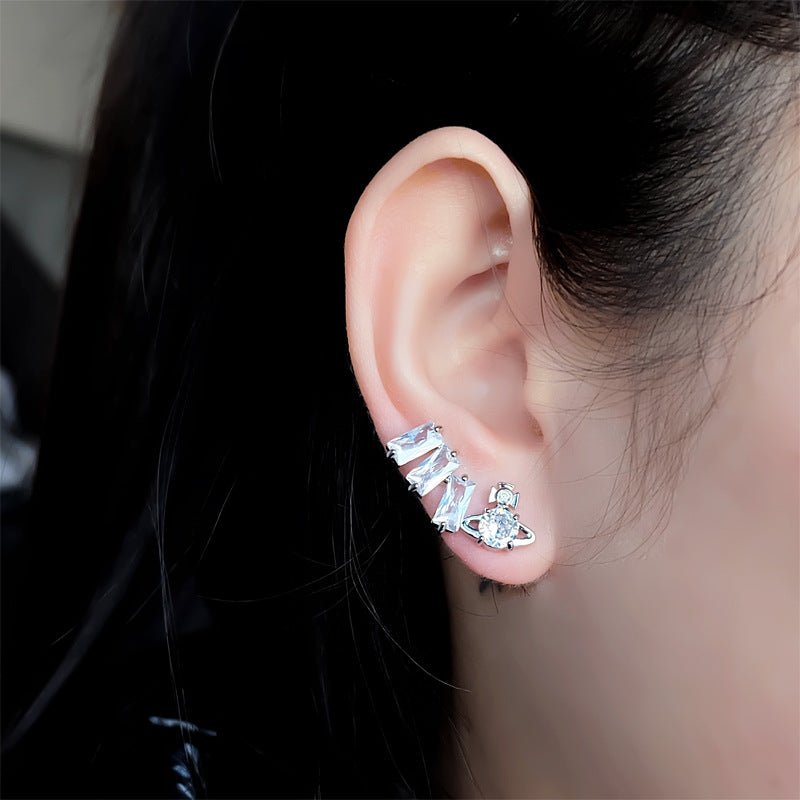 Vivienne Westwood square diamond Zircon stud earrings ins luxury High sense