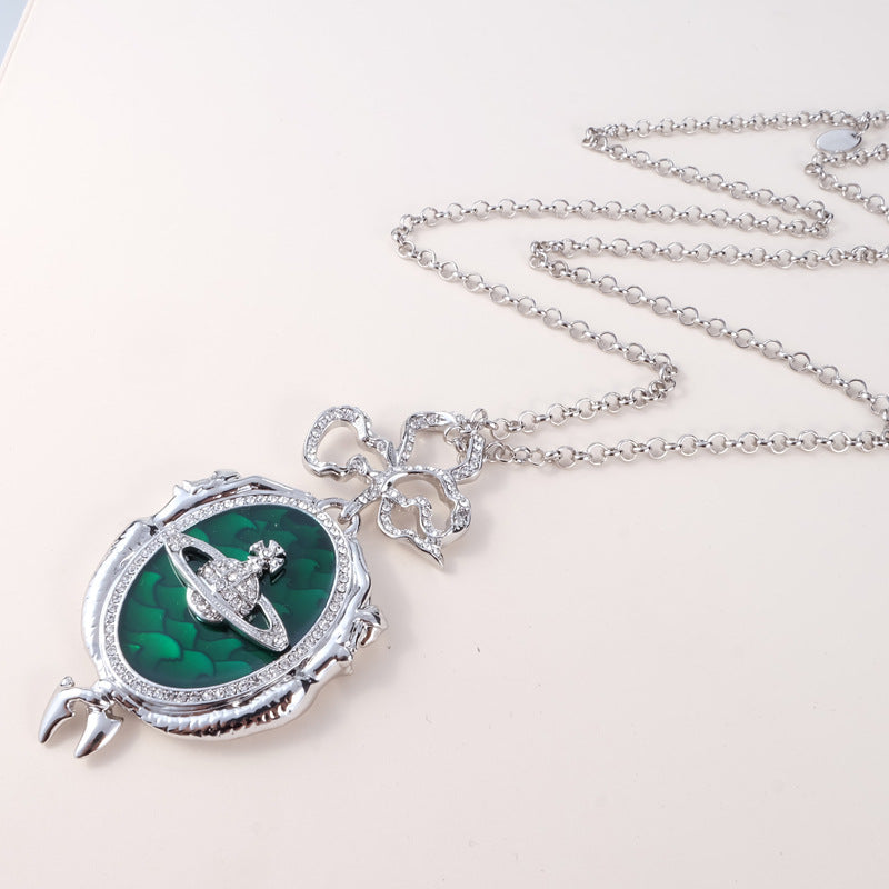 Vivienne Westwood mermaid full diamond emerald medal pendant necklace High sense