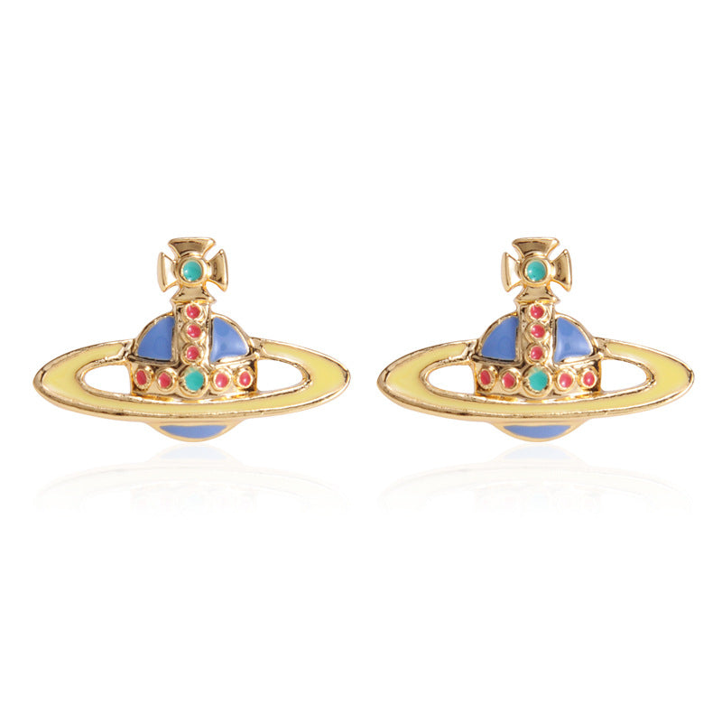Vivienne Westwood two-tone epoxy Japanese and Korean inlaid Diamond affordable luxury fashion earrings