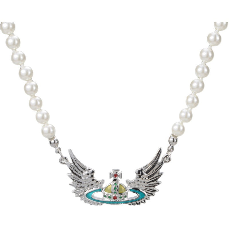Vivienne Westwood Pearl flying wings pendant necklace personality European and American punk