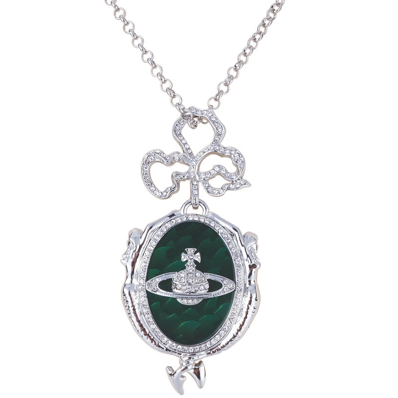 Vivienne Westwood mermaid full diamond emerald medal pendant necklace High sense