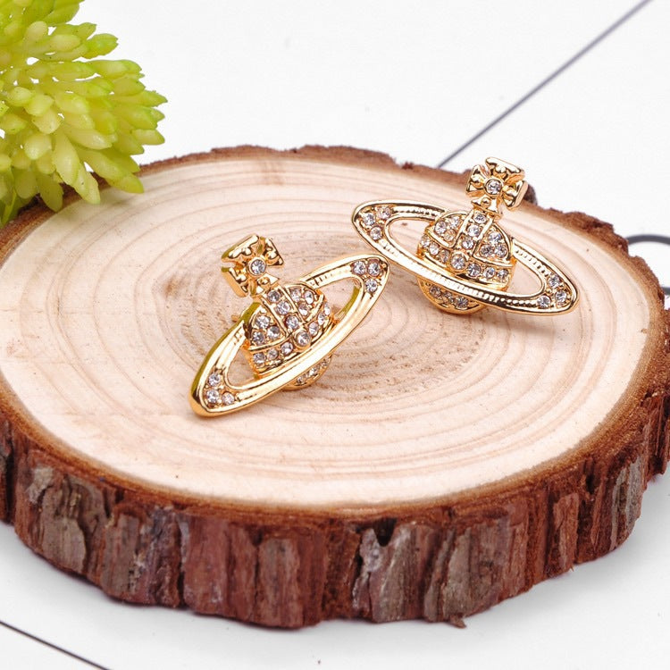 Vivienne Westwood classic full diamond orb stud earrings ins simple personalized all-match