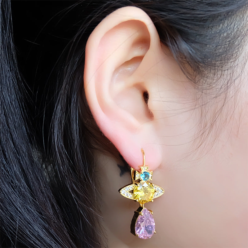 Vivienne Westwood full diamond water drop earrings Japanese and Korean simple