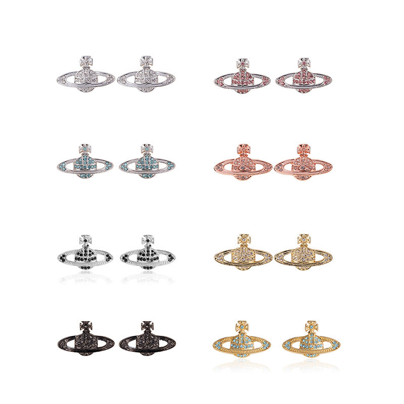 Vivienne Westwood classic full diamond orb stud earrings ins simple personalized all-match