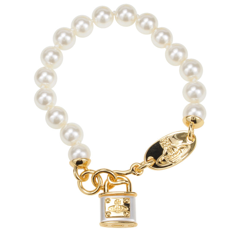 Vivienne Westwood resin lock head pearl bracelet female niche high sense