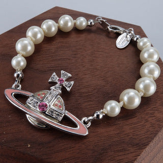 Vivienne Westwood pink paint diamond pearl bracelet college style all-match punk