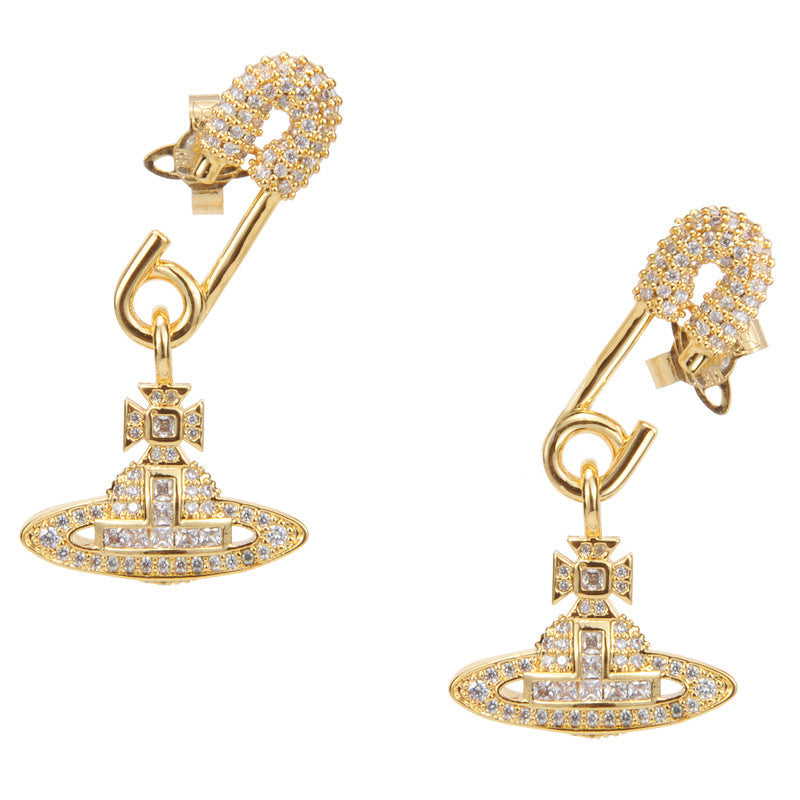 Vivienne Westwood high-end full Diamond Pin Stud earrings European and American friends