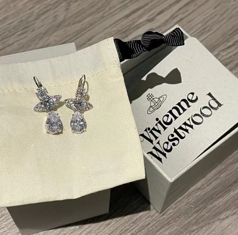 Vivienne Westwood full diamond water drop earrings Japanese and Korean simple