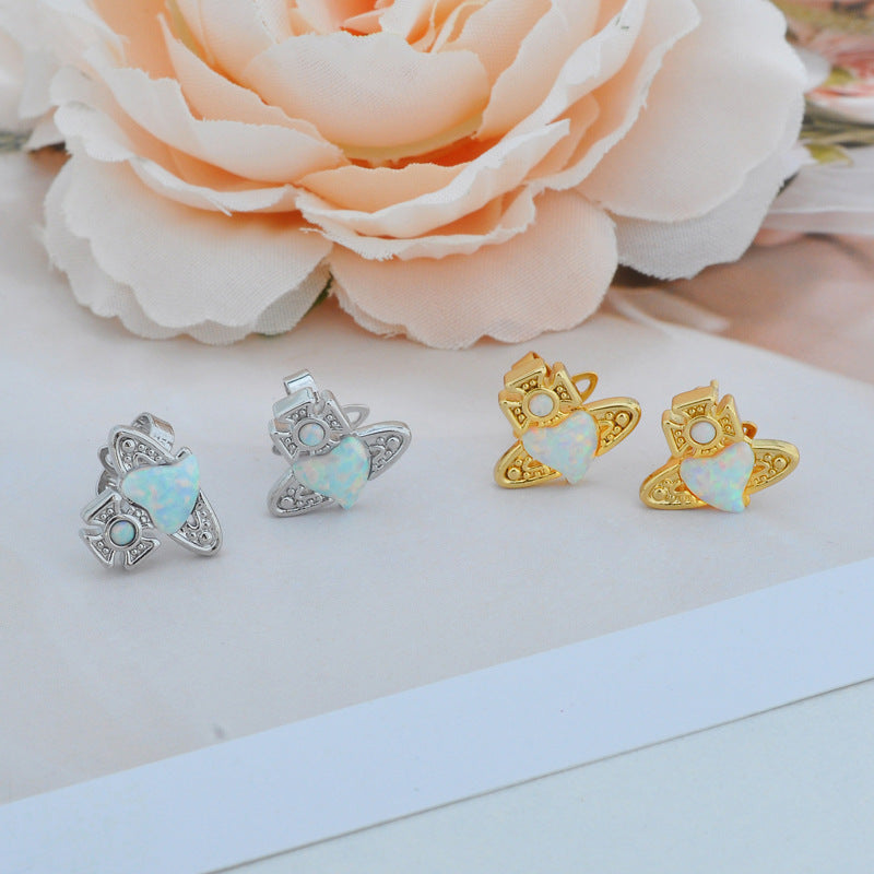 Vivienne Westwood West natural opal love heart stud earrings