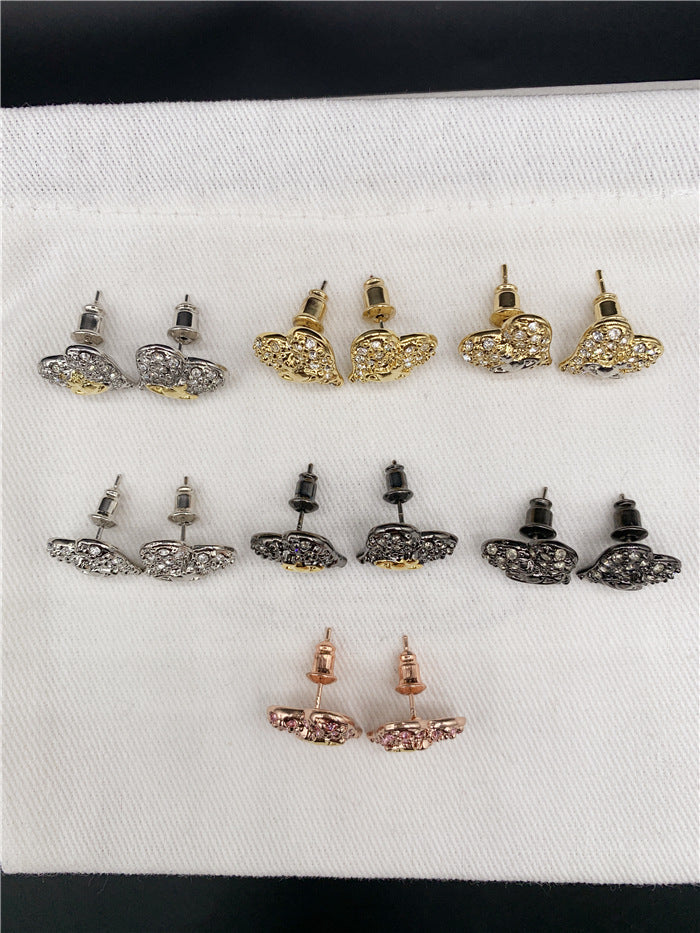 Vivienne Westwood fully jeweled loving heart ear studs fashion all-match European and American punk