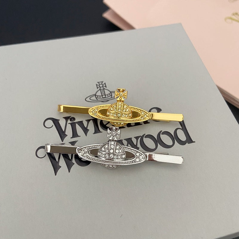 Vivienne Westwood crystal barrettes simple affordable luxury fashion hair accessories word clip brooch