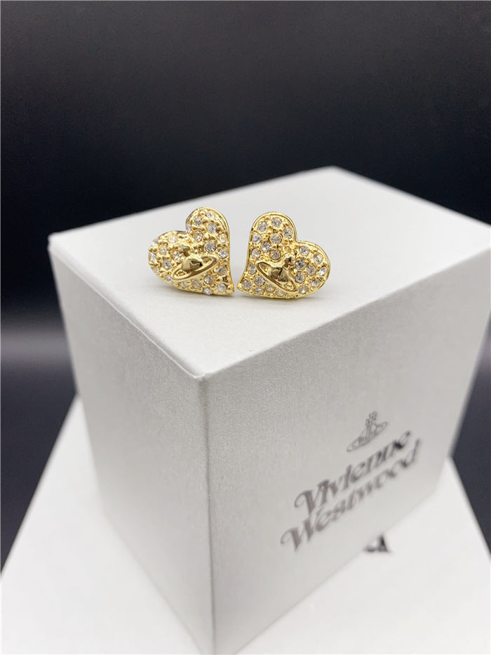 Vivienne Westwood fully jeweled loving heart ear studs fashion all-match European and American punk