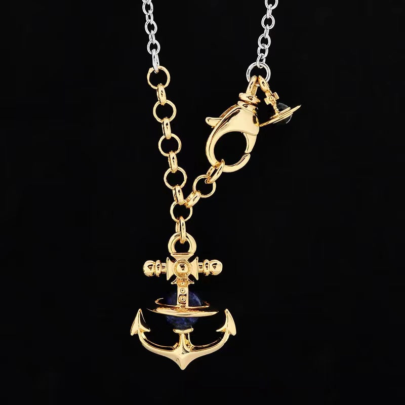 Vivienne Westwood felice two-tone gold plated Navy style sailboat anchor Saturn necklace cross