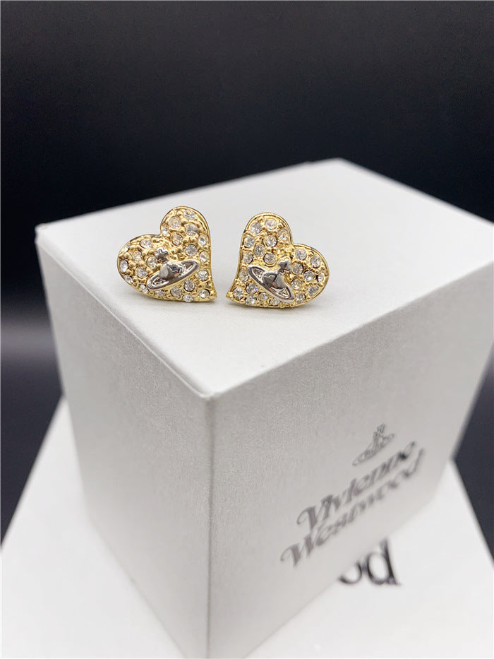 Vivienne Westwood fully jeweled loving heart ear studs fashion all-match European and American punk