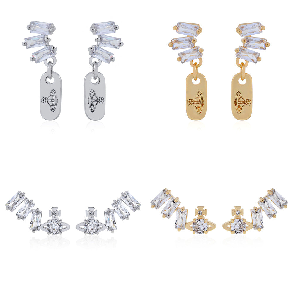 Vivienne Westwood square diamond Zircon stud earrings ins luxury High sense