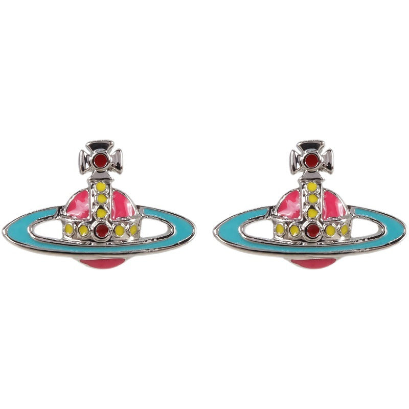 Vivienne Westwood two-tone epoxy Japanese and Korean inlaid Diamond affordable luxury fashion earrings