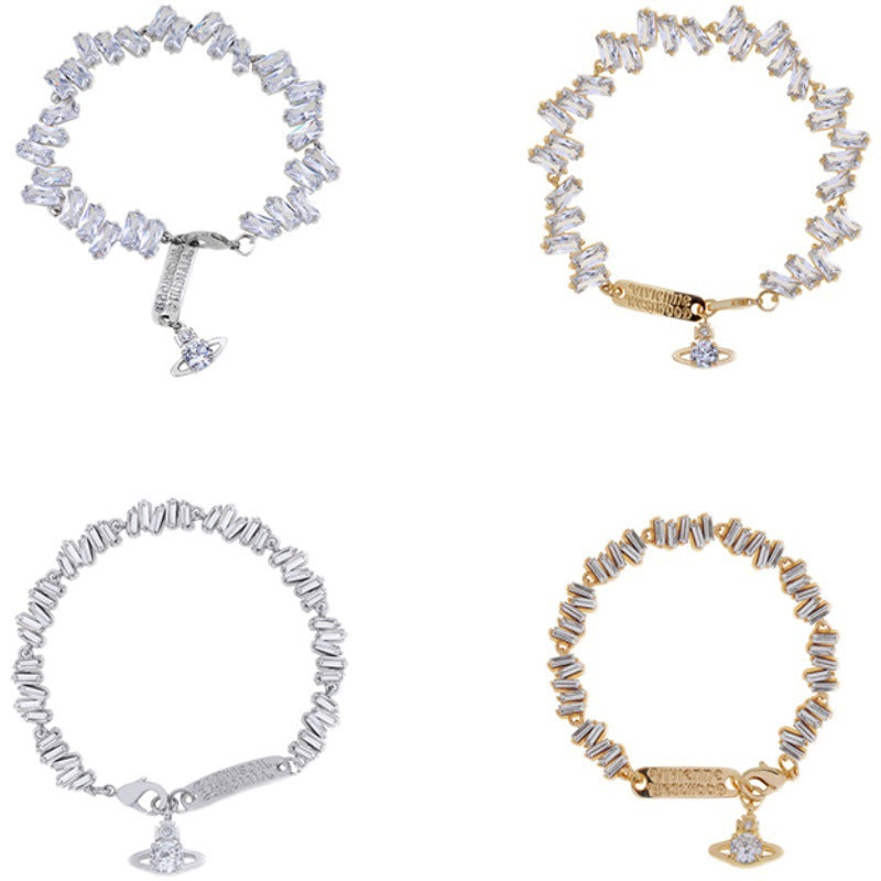 Vivienne Westwood irregular Square full diamond bracelet light luxury round earrings