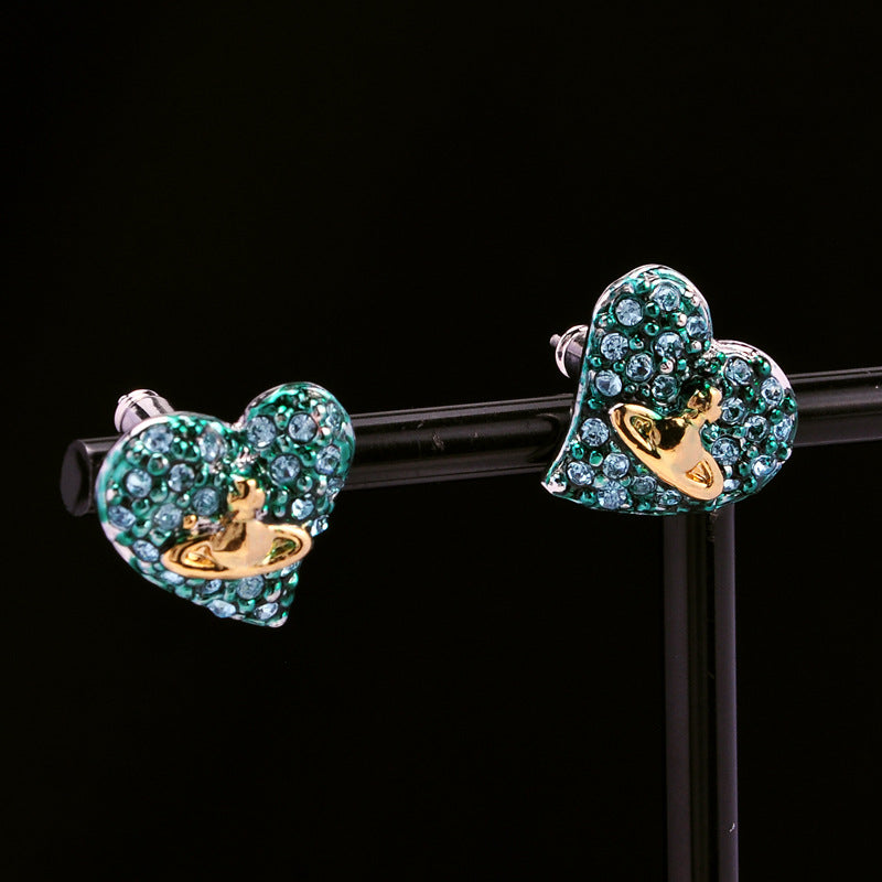 Vivienne Westwood fully jeweled loving heart ear studs fashion all-match European and American punk
