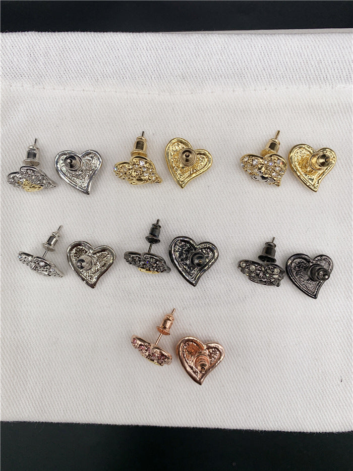 Vivienne Westwood fully jeweled loving heart ear studs fashion all-match European and American punk