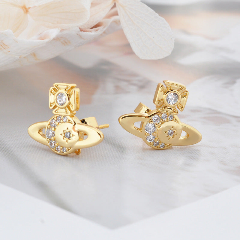 Vivienne Westwood star moon stud earrings women's romantic ear rings Japanese and Korean simple style accessories
