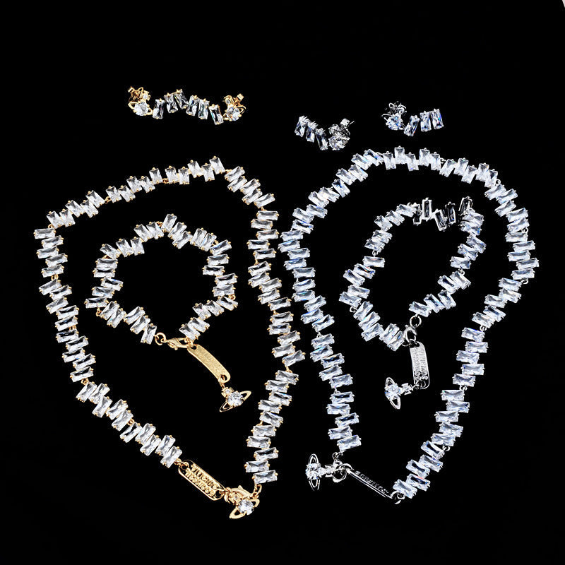 Vivienne Westwood irregular Square full diamond bracelet light luxury round earrings