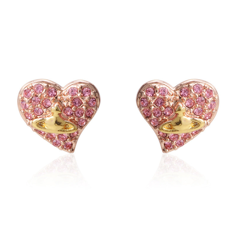 Vivienne Westwood fully jeweled loving heart ear studs fashion all-match European and American punk
