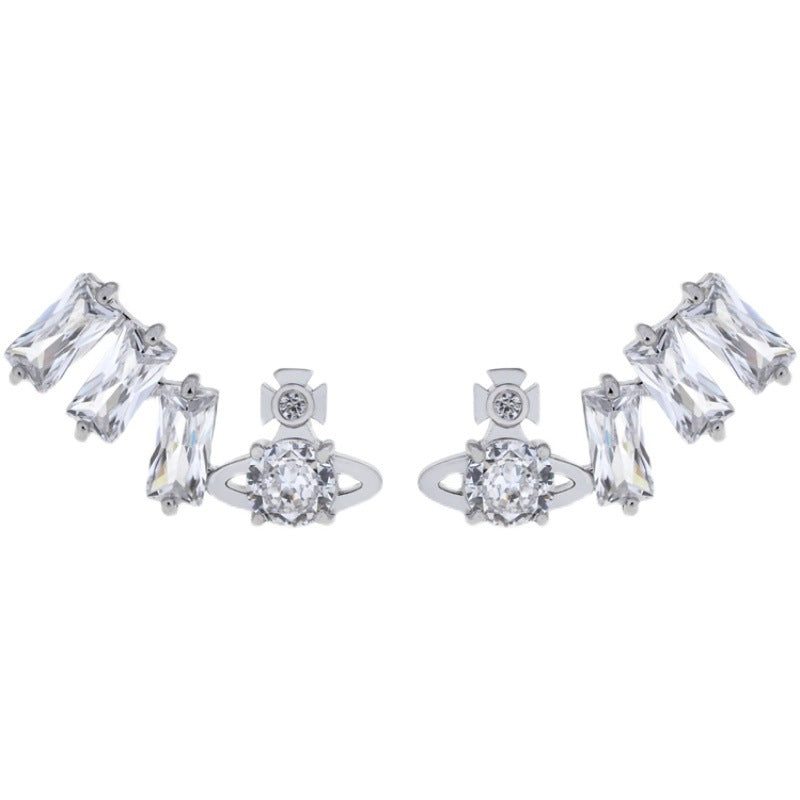 Vivienne Westwood square diamond Zircon stud earrings ins luxury High sense