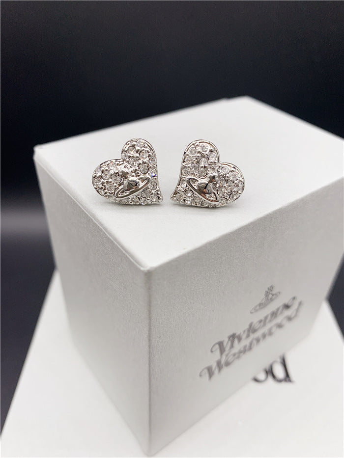 Vivienne Westwood fully jeweled loving heart ear studs fashion all-match European and American punk
