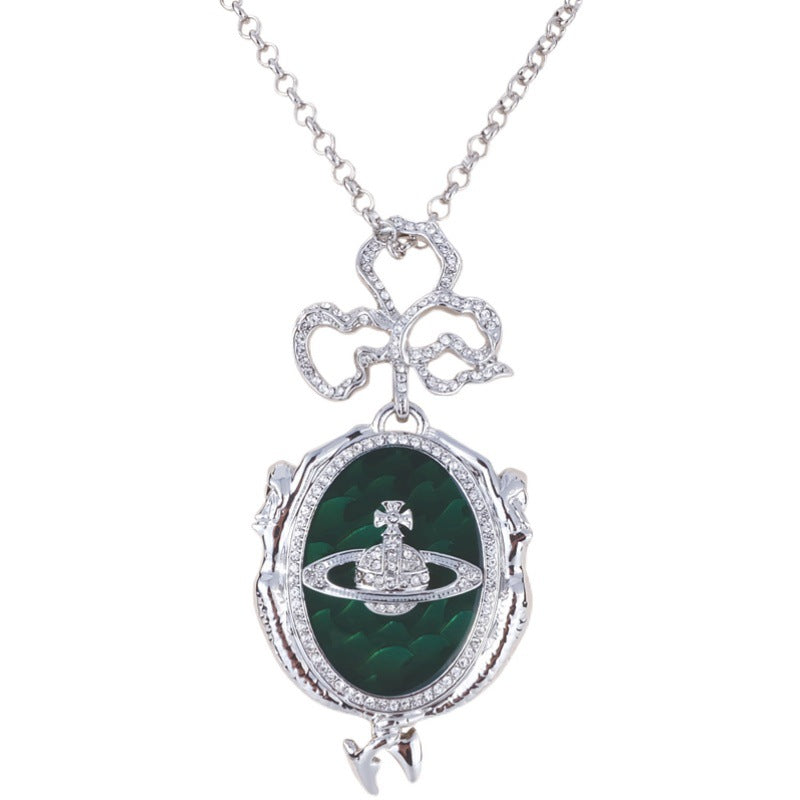 Vivienne Westwood mermaid full diamond emerald medal pendant necklace High sense