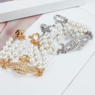 Vivienne Westwood three-layer pearl bracelet gold silver high-grade
