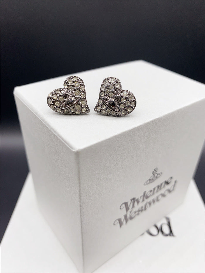 Vivienne Westwood fully jeweled loving heart ear studs fashion all-match European and American punk
