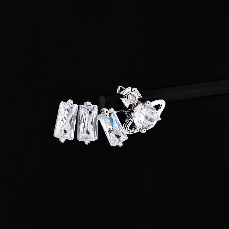 Vivienne Westwood square diamond Zircon stud earrings ins luxury High sense