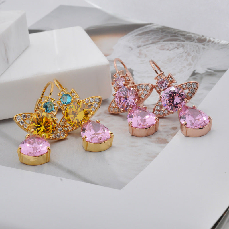 Vivienne Westwood full diamond water drop earrings Japanese and Korean simple