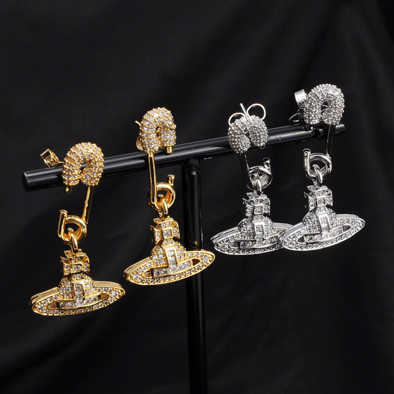 Vivienne Westwood high-end full Diamond Pin Stud earrings European and American friends