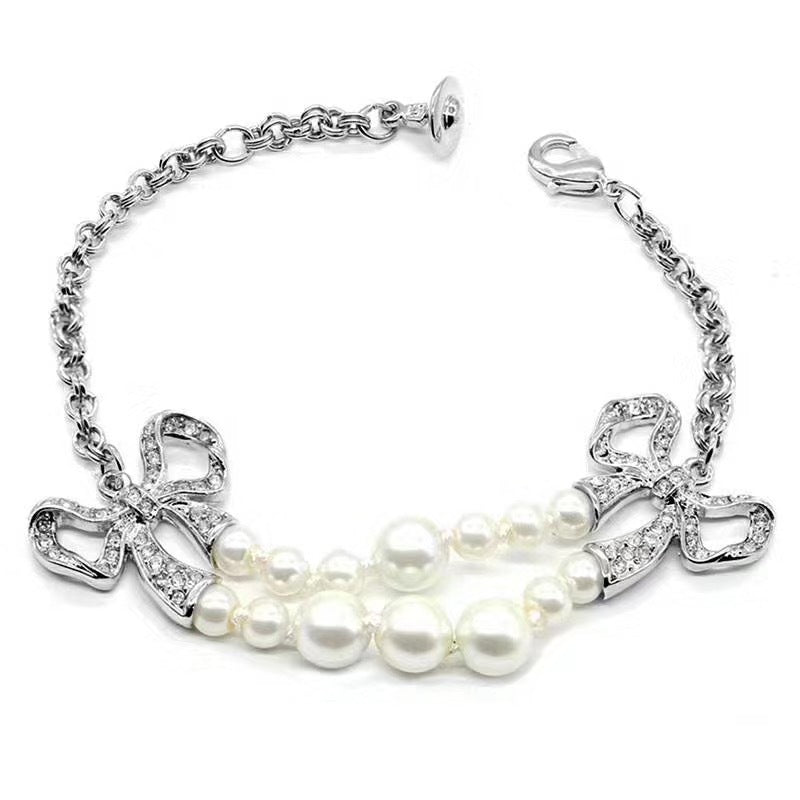 Vivienne Westwood double-layer pearl diamond bow bracelet New ins high sense