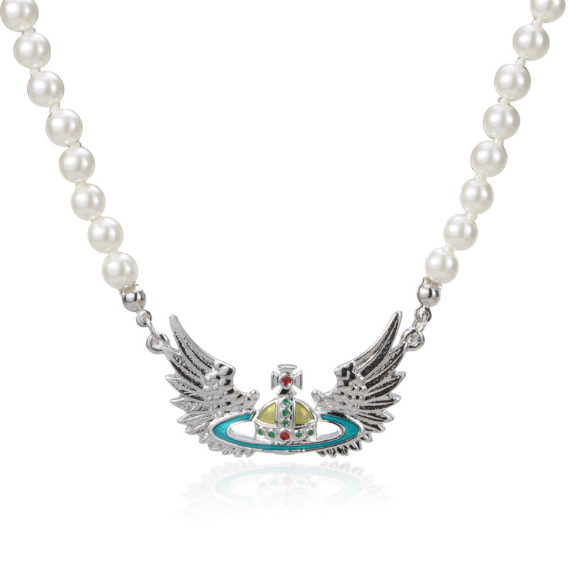 Vivienne Westwood Pearl flying wings pendant necklace personality European and American punk