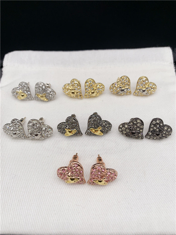 Vivienne Westwood fully jeweled loving heart ear studs fashion all-match European and American punk