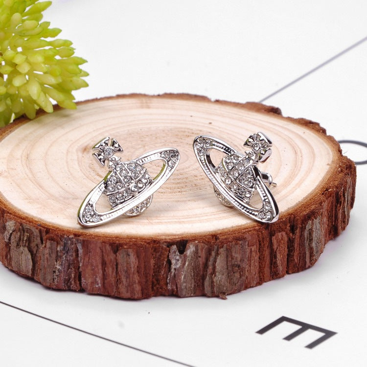 Vivienne Westwood classic full diamond orb stud earrings ins simple personalized all-match