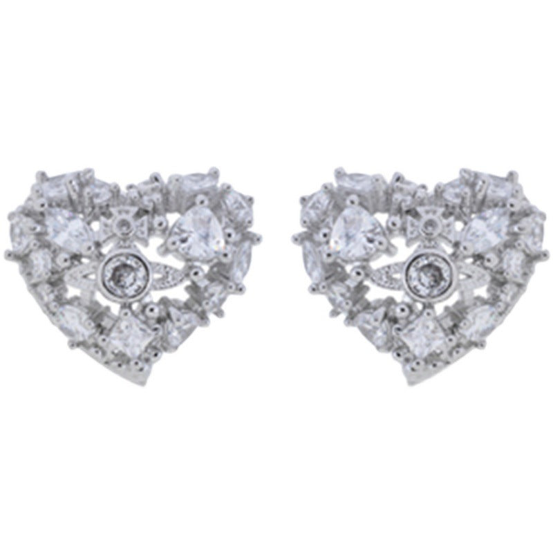 Vivienne Westwood love heart stud earrings special-shaped full diamond exquisite and versatile
