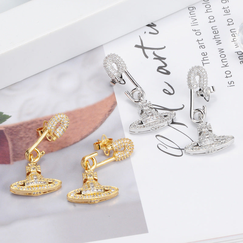 Vivienne Westwood high-end full Diamond Pin Stud earrings European and American friends