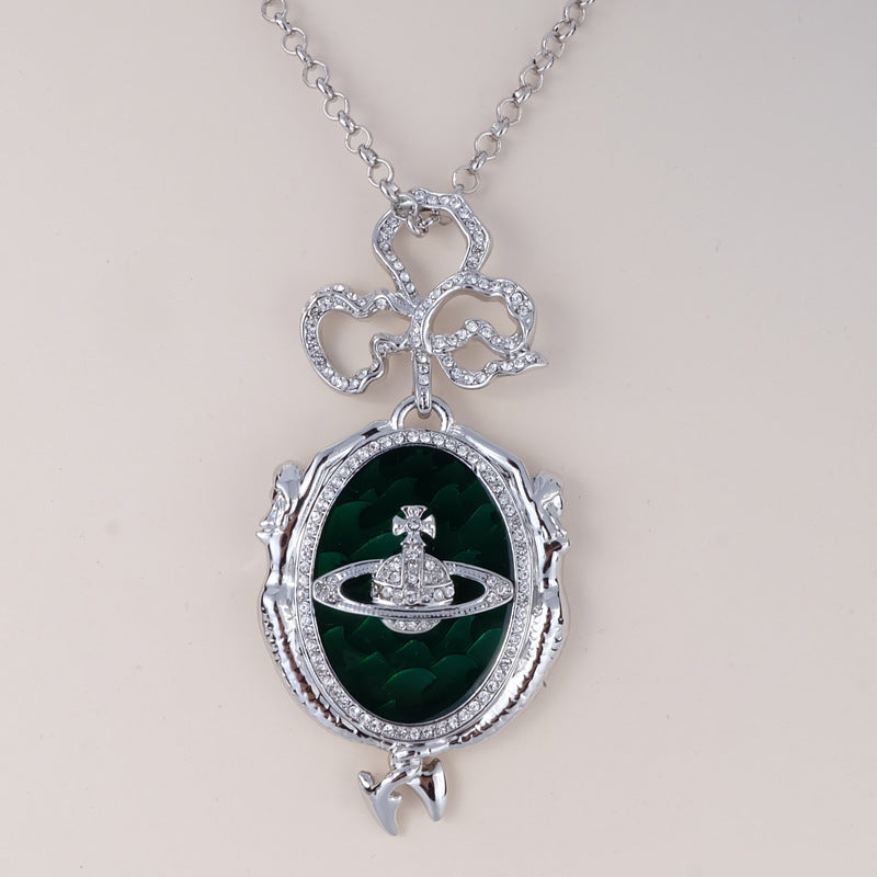 Vivienne Westwood mermaid full diamond emerald medal pendant necklace High sense