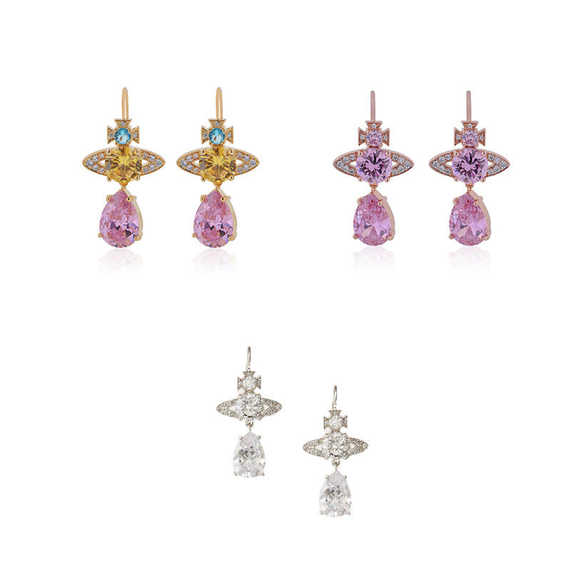 Vivienne Westwood full diamond water drop earrings Japanese and Korean simple