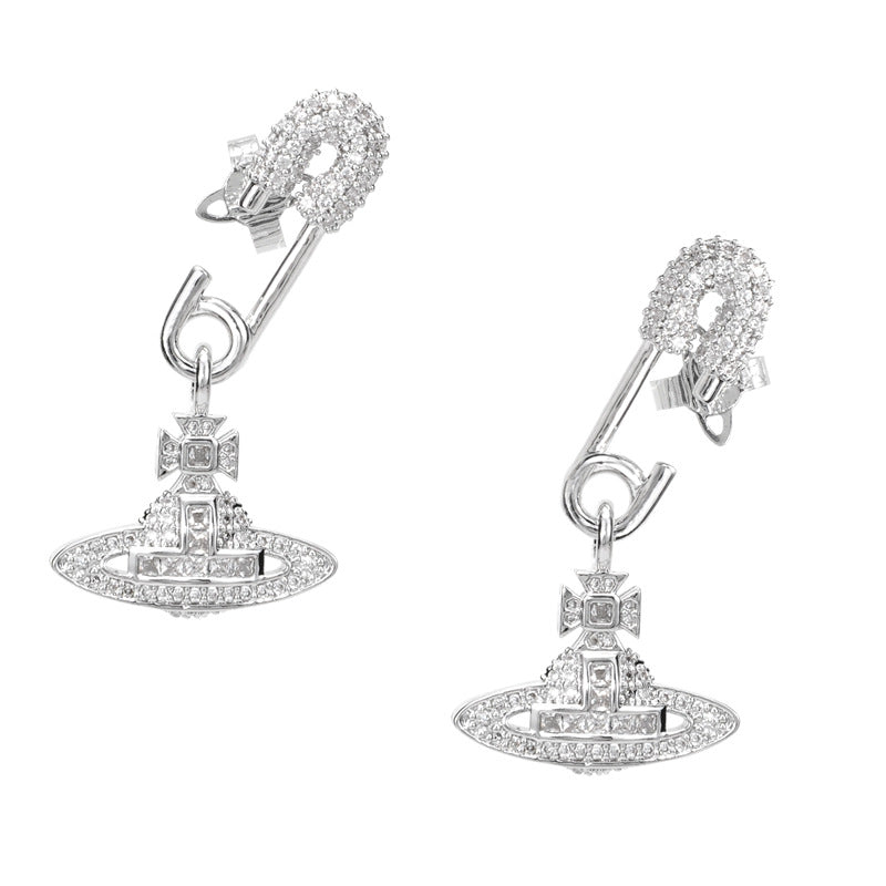 Vivienne Westwood high-end full Diamond Pin Stud earrings European and American friends