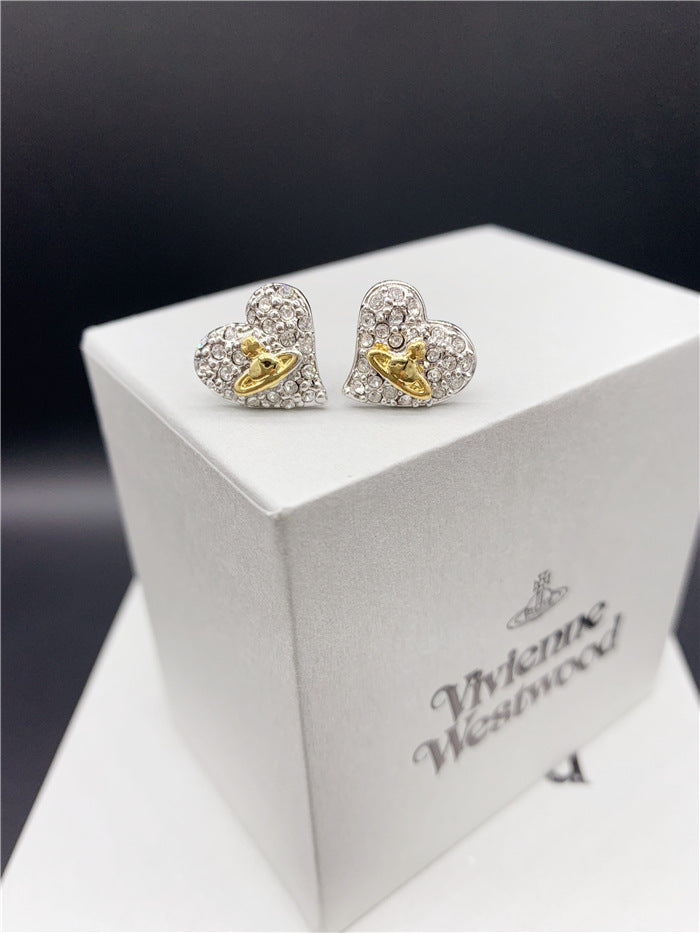 Vivienne Westwood fully jeweled loving heart ear studs fashion all-match European and American punk